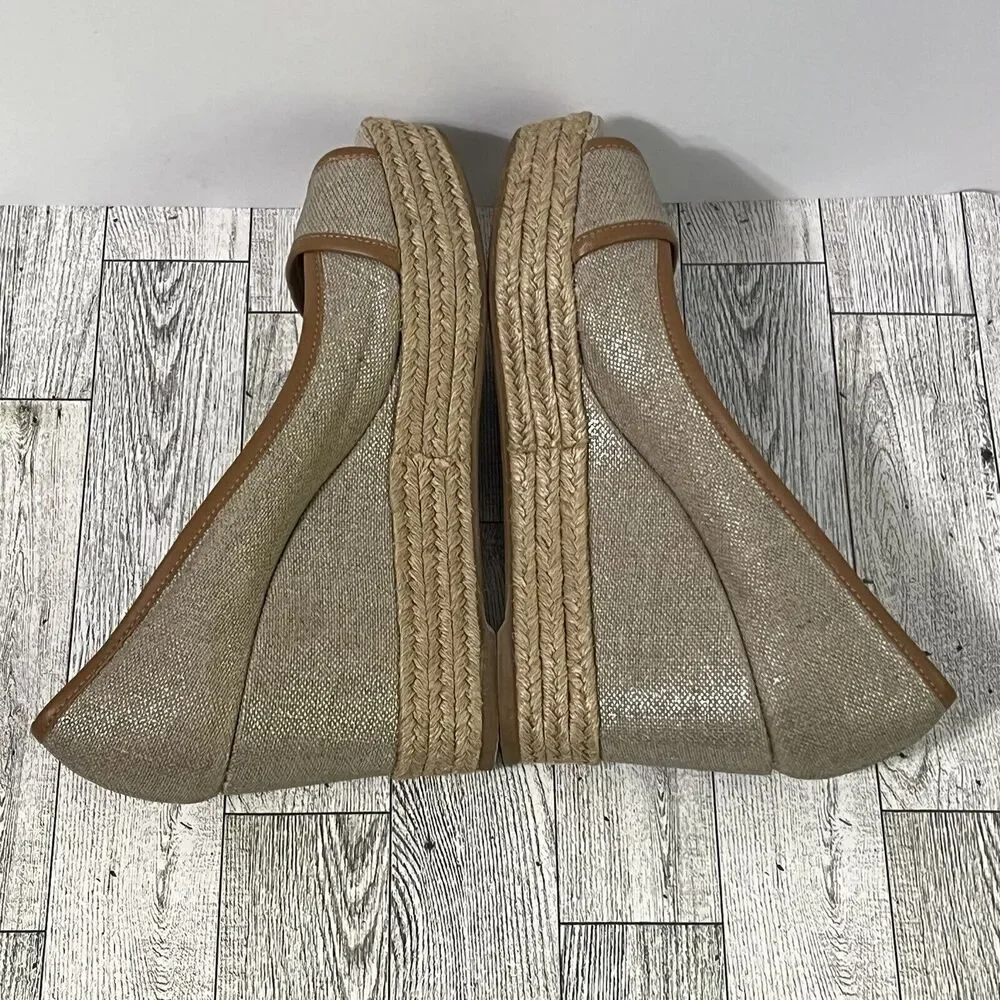 Tory Burch Beige and Brown Espadrille Wedge Peep-Toe
